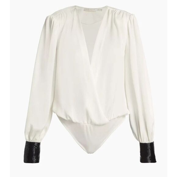 NEW RAMY BROOK IVORY SELENA WRAP FRONT SEQUIN BEADED CUFFS SATIN BODYSUIT TOP M - Picture 3 of 6